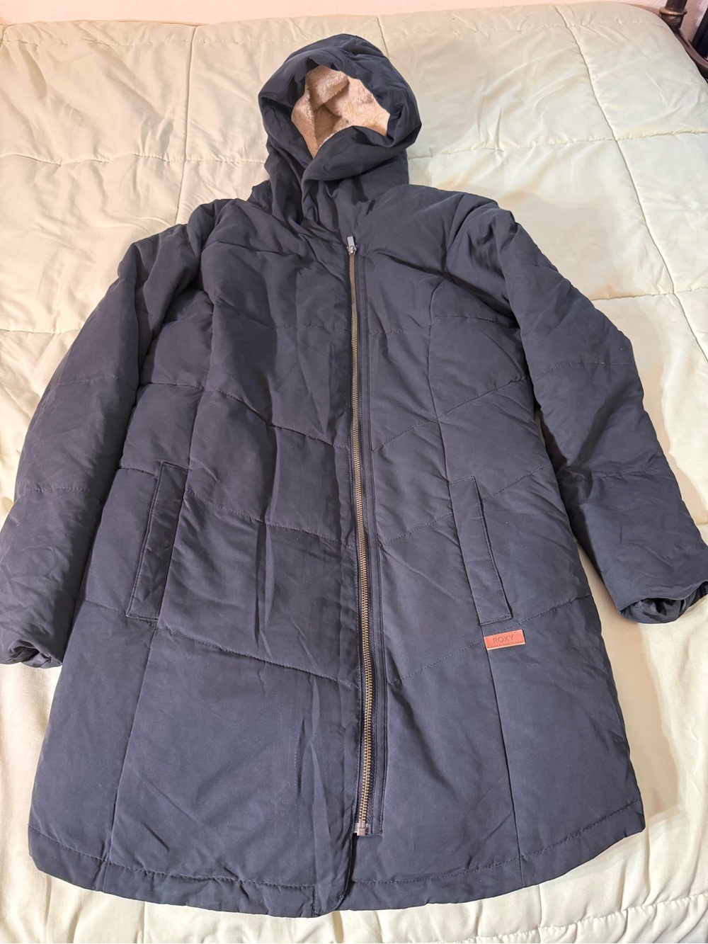 Roxy Women's Hooded Long Puffer Coat - Navy Blue